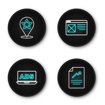 Set line Document with graph chart, Advertising, Browser window and Map poi.. Ilustración de archivo