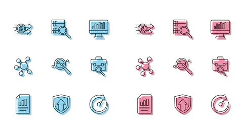 Set line Document with graph chart, Financial growth, dollar, Digital speed.. Stock Illustration