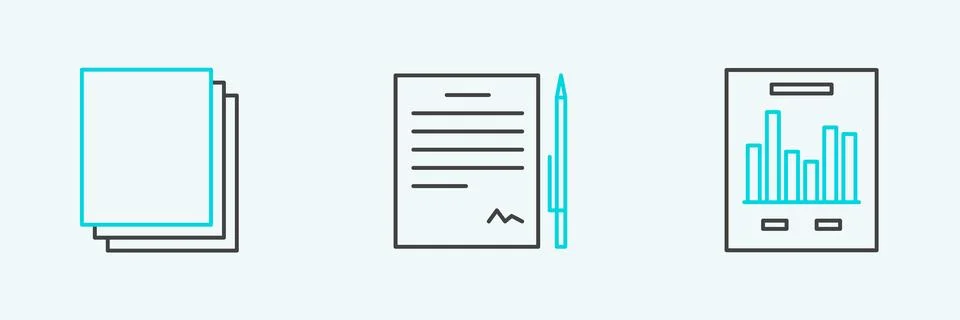 Set line Document with graph chart, Clean paper and Contract pen icon. Vector 스톡 일러스트
