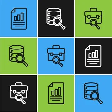 Set line Document with graph chart, Work search and Server icon. Vector Illustrazione stock