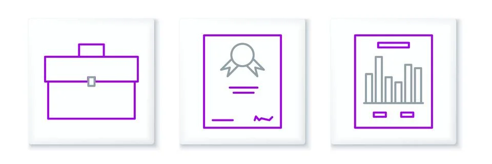 Set line Document with graph chart, Briefcase and Certificate template icon.. イラスト素材