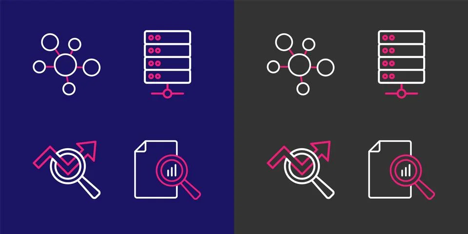 Set line Document with graph chart, Search data analysis, Server and Mind m.. Stock Illustration
