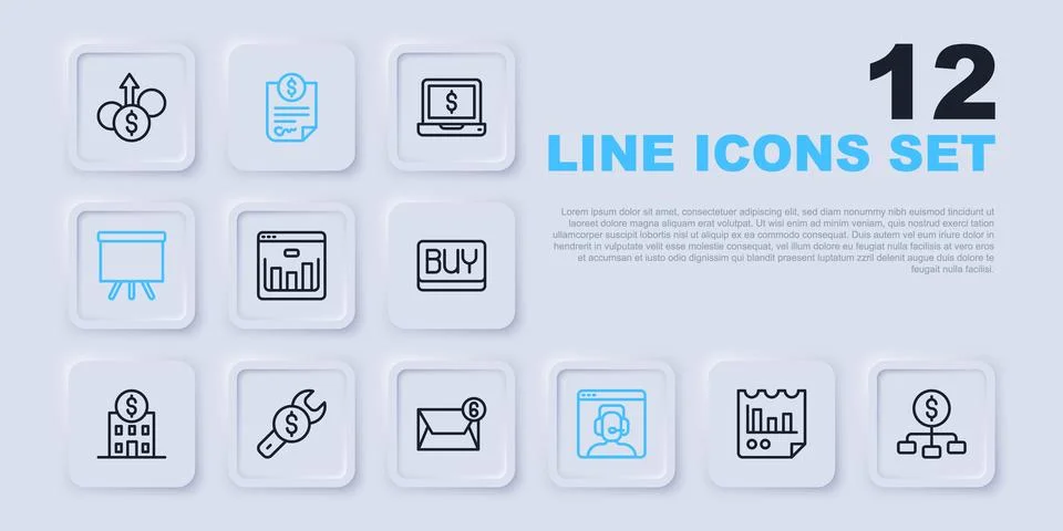 Set line Document with graph chart, Hierarchy dollar, Browser stocks market.. Stock Illustration