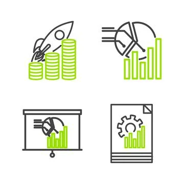 Set line Document with graph chart, Board, Pie infographic and Rocket flyin.. Stock Illustration