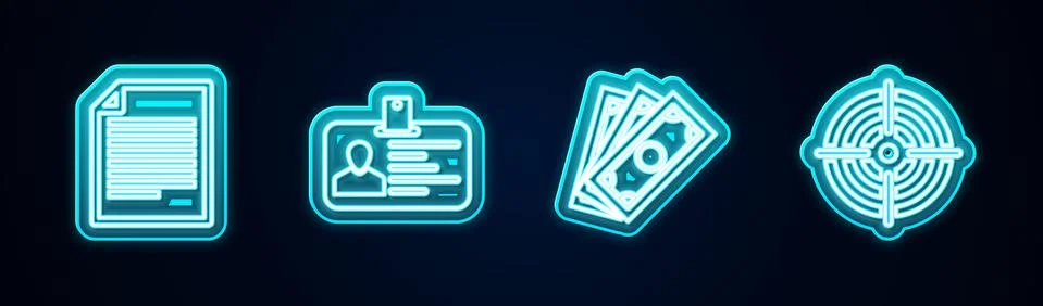 Set line Document, Identification badge, Stacks paper money cash and Target Stock Illustration