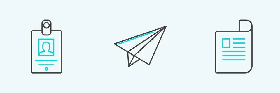 Set line Document, Identification badge and Paper airplane icon. Vector Illustrazione stock