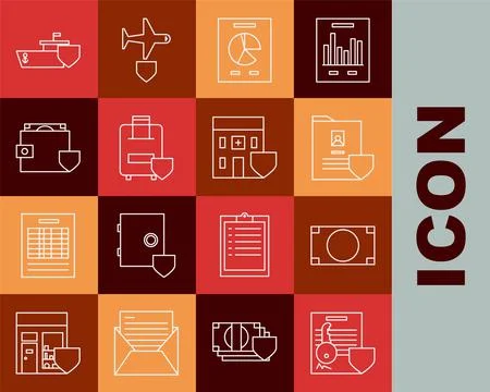 Set line Document with key with shield, Stacks paper money cash, graph chart, Stock Illustration