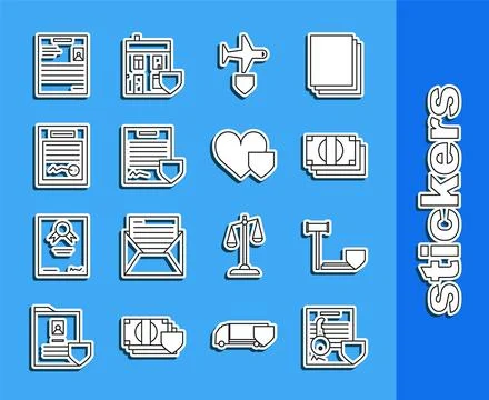 Set line Document with key with shield, Judge gavel, Stacks paper money cas.. 스톡 일러스트