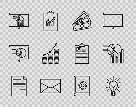 Set line Document, Light bulb with rays shine and concept of idea, Stacks pap Stock Illustration