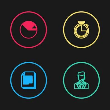 Set line Document, Man with a headset, Stopwatch and Pie chart infographic icon Stock Illustration