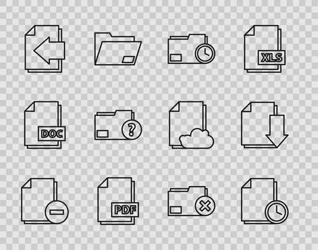 Set line Document with minus, clock, folder, PDF file document, Next page a.. Illustrazione stock
