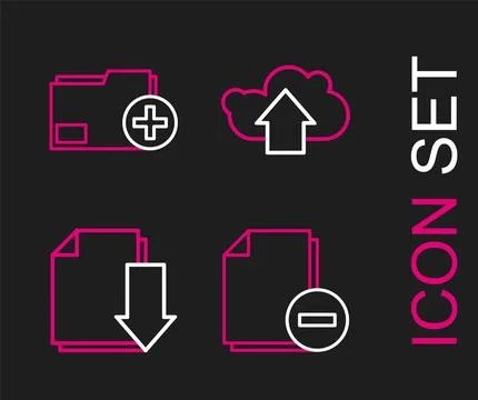 Set line Document with minus, download, Cloud upload and Add new folder icon Stock Illustration