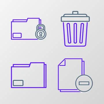 Set line Document with minus, folder, Trash can and Folder and lock icon. Vector Illustrazione stock