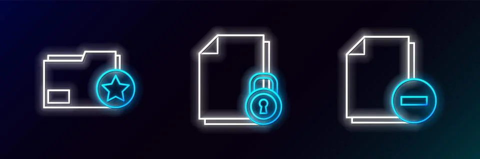 Set line Document with minus, folder star and and lock icon. Glowing neon Stock Illustration