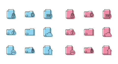 Set line Document with minus, Folder and lock, Upload file document, folder.. Illustrazione stock