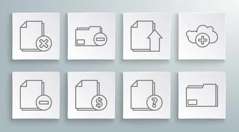 Set line Document with minus, folder, Finance document, Unknown, Upload fil.. 스톡 일러스트