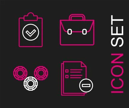 Set line Document with minus, Gear, Briefcase and Completed task icon. Vector Illustrazione stock