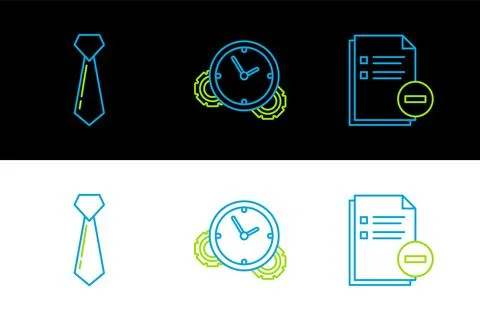 Set line Document with minus, Tie and Time Management icon. Vector Stock Illustration