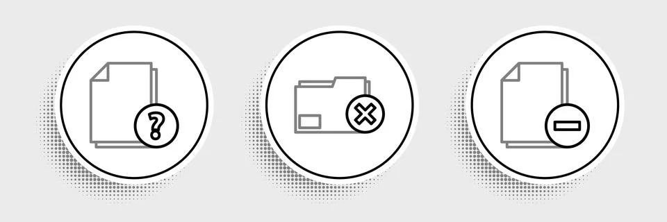 Set line Document with minus, Unknown document and Delete folder icon. Vector Stock Illustration