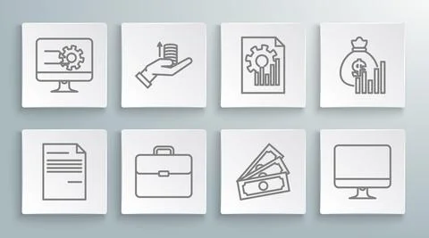 Set line Document, Money on hand, Briefcase, Stacks paper money cash, Computer Stock Illustration