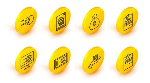 Set line Document, Money on hand, Safe, Computer monitor with graph chart Stock-Illustration