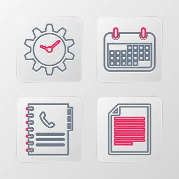 Set line Document, Phone book, Calendar and Time Management icon. Vector Stock Illustration