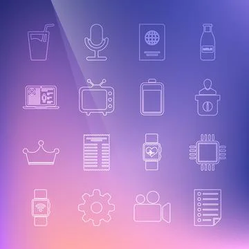 Set line Document, Processor with CPU, Information desk, Passport, Television tv Stock Illustration