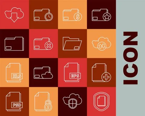 Set line Document protection concept, Add new file, Cloud download and upload Stockillustratie
