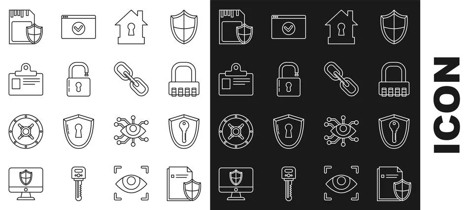 Set line Document protection concept, Shield with key, Safe combination lock Stock Illustration