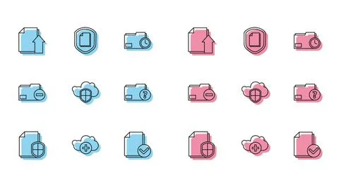 Set line Document protection concept, Add cloud, Upload file document, and check イラスト素材