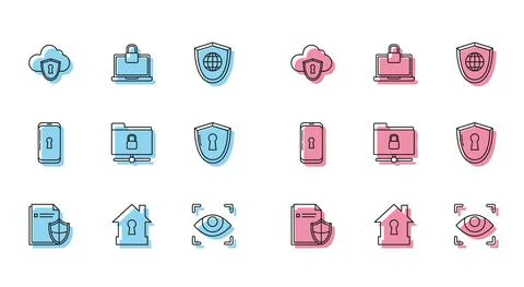 Set line Document protection concept, House under, Cloud and shield, Eye scan Stock Illustration