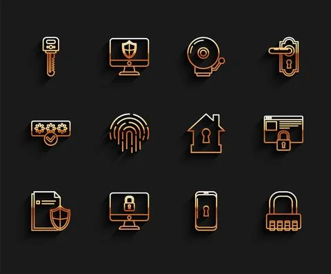 Set line Document protection concept, Lock computer monitor screen, Key イラスト素材