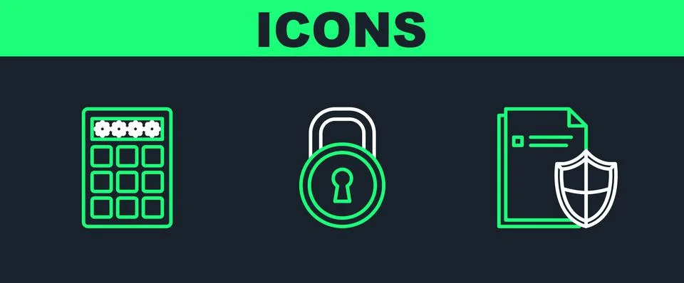 Set line Document protection concept, Password and safety access and Lock icon Illustrazione stock