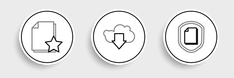 Set line Document protection concept, with star and Cloud download icon. Vect Illustrazione stock