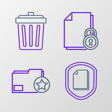 Set line Document protection concept, folder with star, and lock and Trash ca Illustrazione stock