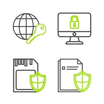 Set line Document protection concept, SD card and shield, Lock computer monit Stock Illustration
