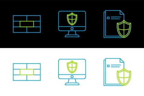 Set line Document protection concept, Bricks and Computer monitor and shield Stock Illustration