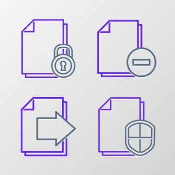 Set line Document protection concept, Next page arrow, with minus and and lock Illustrazione stock