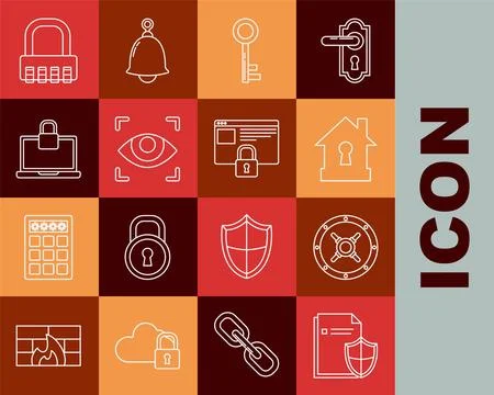Set line Document protection concept, Safe, House under, Key, Eye scan, Laptop 库存插图