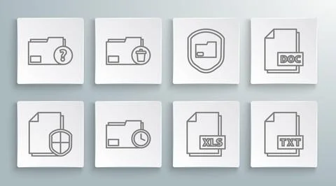 Set line Document protection concept, Delete folder, with clock, XLS file Stock Illustration