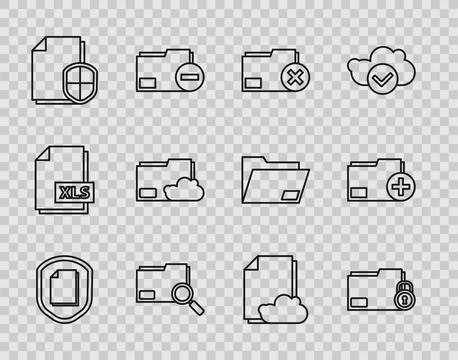 Set line Document protection concept, Folder and lock, Delete folder, Searc.. Illustrazione stock