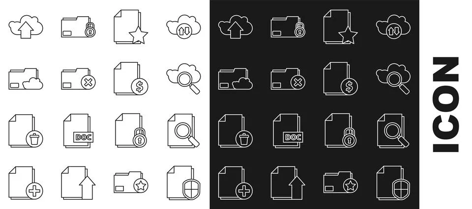 Set line Document protection concept, with search, Search cloud computing, .. Illustrazione stock
