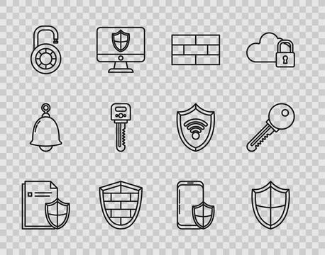 Set line Document protection concept, Shield, Bricks, with cyber security b.. Stock Illustration