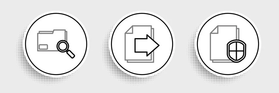 Set line Document protection concept, Search with folder and Next page arro.. Illustrazione stock