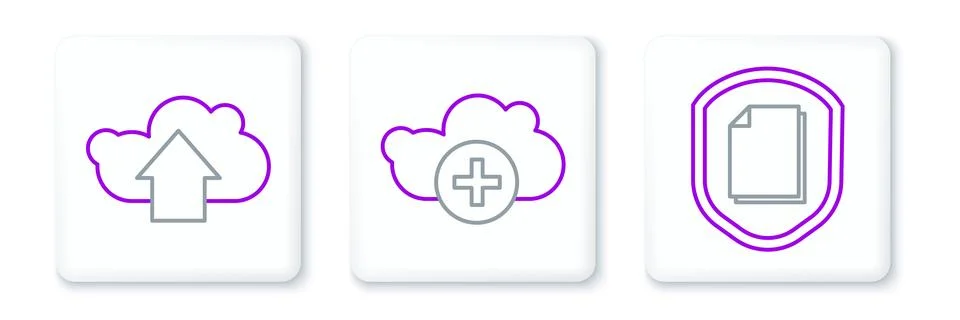 Set line Document protection concept, Cloud upload and Add cloud icon. Vector Illustrazione stock