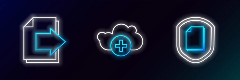 Set line Document protection concept, Next page arrow and Add cloud icon. G.. Illustrazione stock