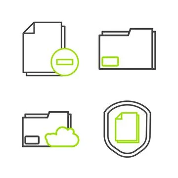 Set line Document protection concept Cloud storage text document folder and w Stock Illustration