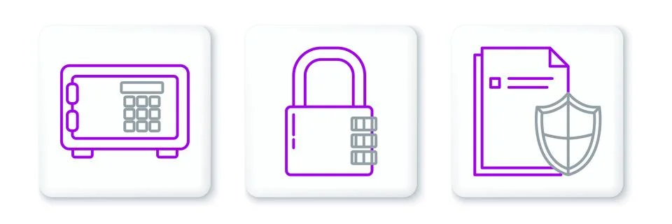 Set line Document protection concept, Safe and combination lock icon. Vector Illustrazione stock