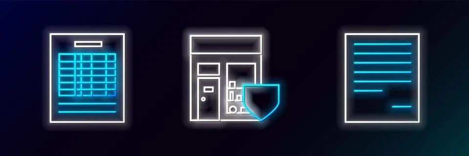 Set line Document, Report file document and Shopping building with shield i.. Illustrazione stock