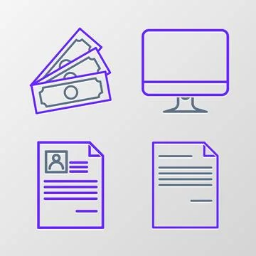 Set line Document, Resume, Computer monitor screen and Stacks paper money c.. Stock Illustration